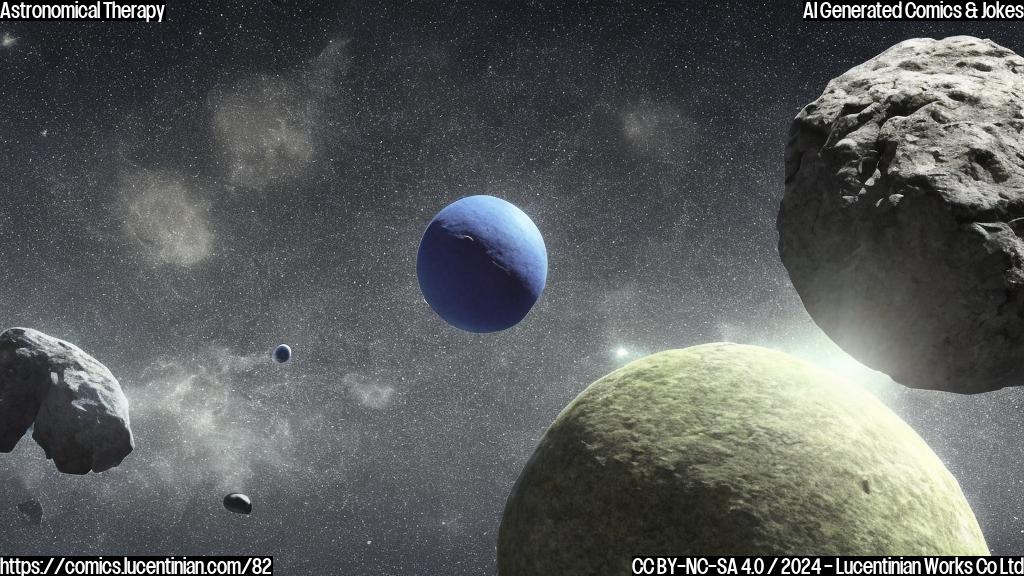 A small, rocky sphere with a cratered surface and a slightly irregular shape is hovering in front of a blue-green planet. The rock has a string-like connection to the planet's gravity, but it looks like it's about to break free at any moment. In the background, there are some stars and a crescent moon shining down on the scene.