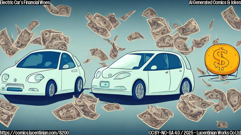 A cartoon image in a plain color style depicting a sad-looking electric car with a flat tire and dollar signs floating away from it. The background is a simple, solid color.