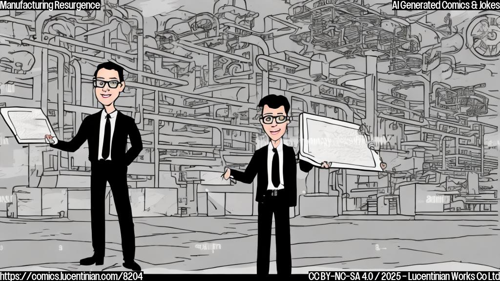 A cartoon drawing of an economist with glasses and a briefcase, standing in front of a newly built factory in a rural area. The economist is holding a comically large map, and the factory has a sign that says "Made in America". The style should be simple and use plain colors.