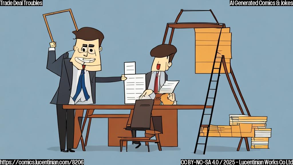 A cartoon drawing of a trade negotiator, depicted as a person in a business suit, carrying an extremely tall ladder toward a giant table. On the table are documents representing trade agreements. The overall style is simple, colorful, and plain.