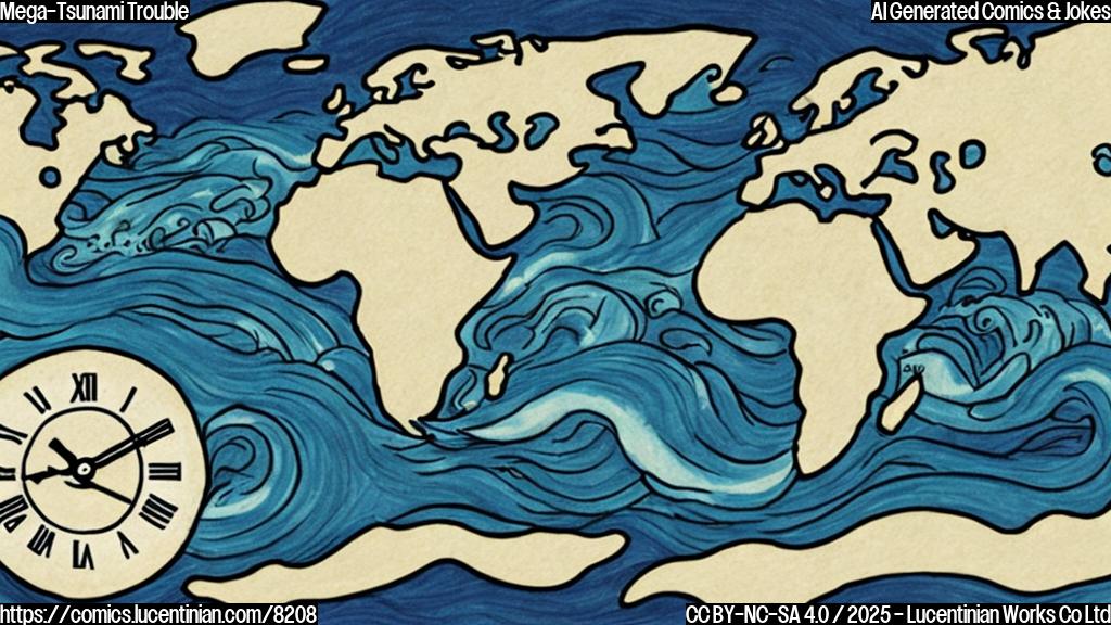 Draw a simple cartoon of the Earth shaking with a giant wave in the ocean, surrounded by seaweed and fish, with a clock in the background displaying 9 days.