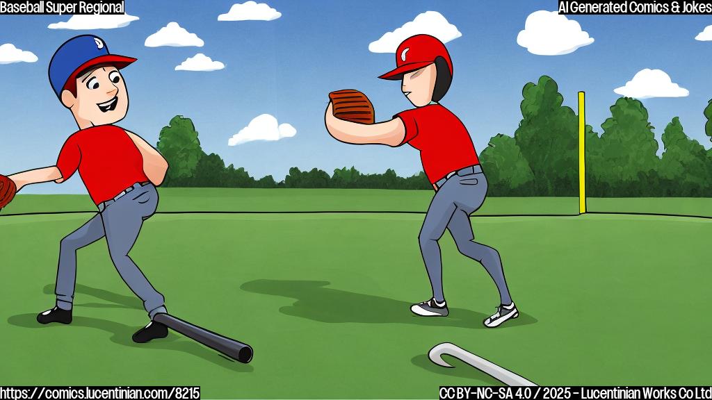 Plain color cartoon style image depicting a baseball player carrying a large ladder onto a baseball field. The sky is bright blue and the grass is vibrant green.