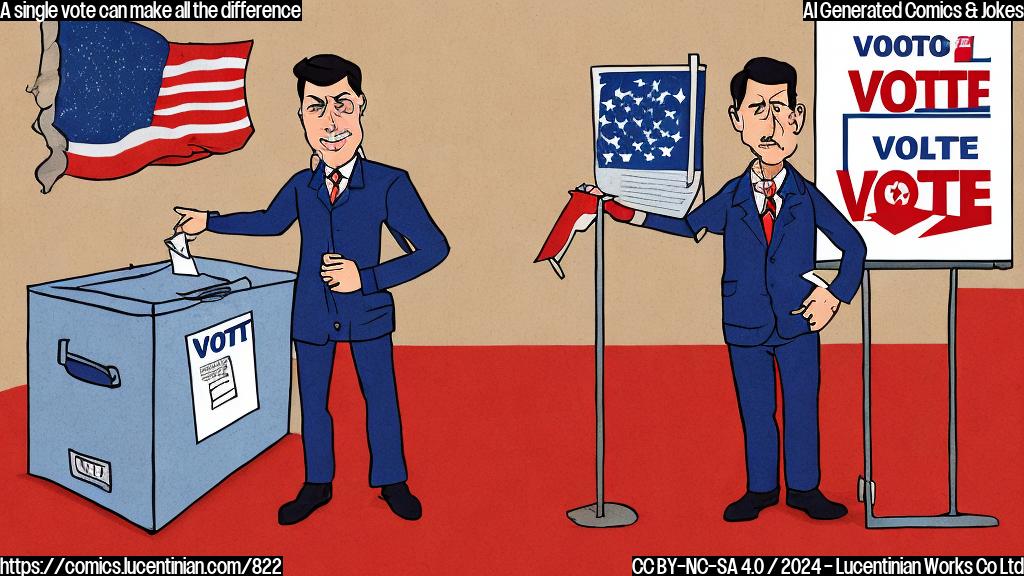 Illustrate a cartoon of a person with a suitcase and a small step stool, holding a ballot box and wearing a determined expression, standing in front of a voting booth with a red carpet leading up to it.