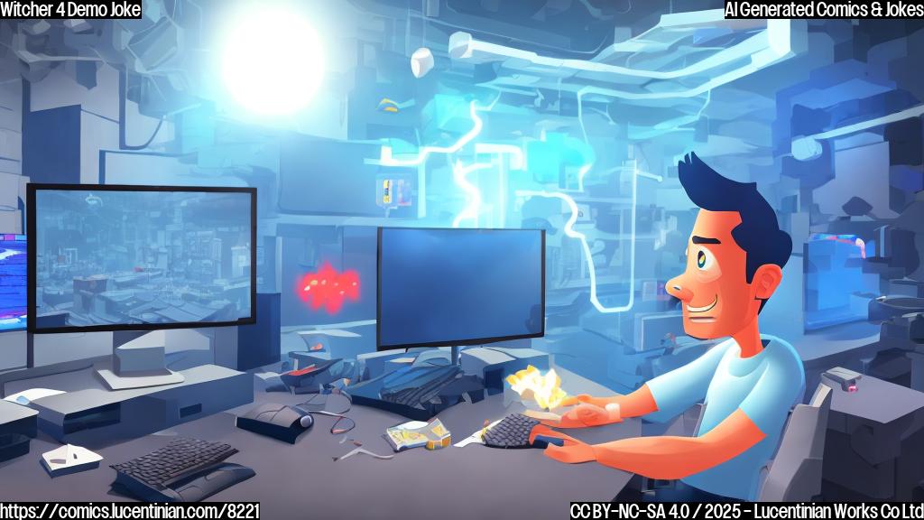 Cartoon drawing of a worried-looking video game developer sweating while showing off a very basic, blocky game running on a futuristic console. The console is emitting smoke. The background is a plain blue color.