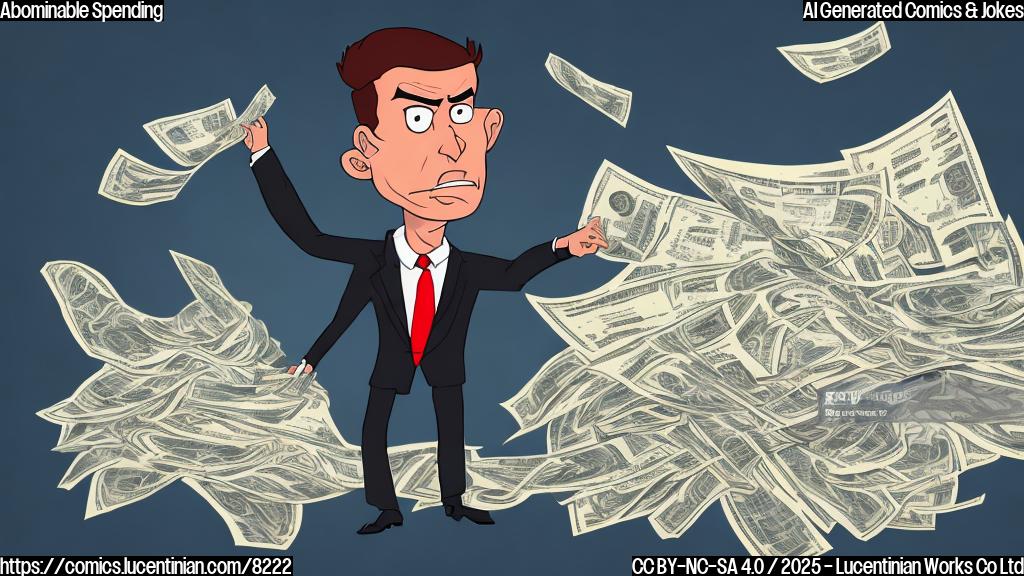 A cartoon drawing of a very rich man with spiky hair looking angrily at a giant bill with dollar signs on it, rockets are taking off from the background. The style is very simple, plain colors.