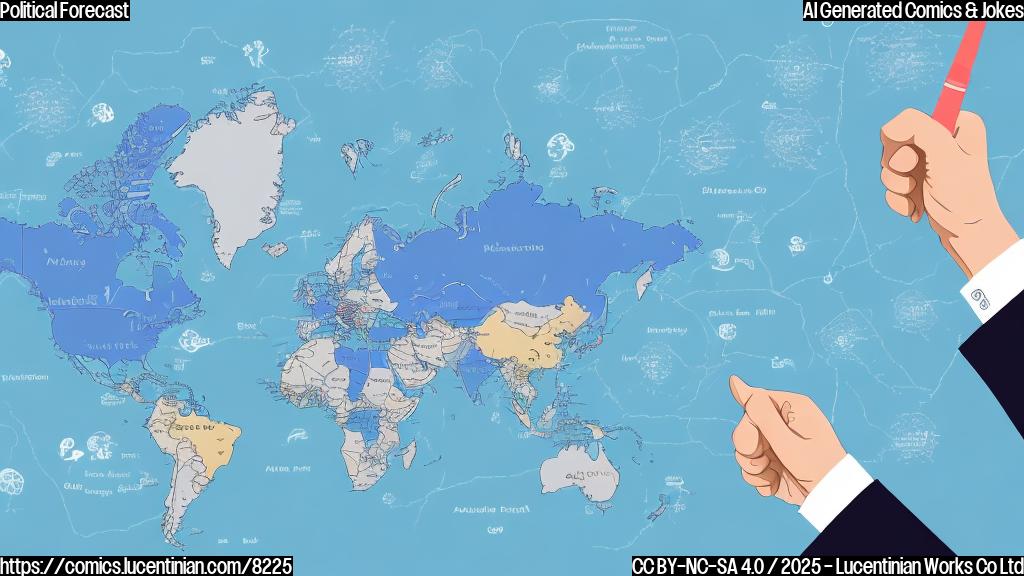 a cartoon style image, solid light blue background, a weather forecaster with a pointer in his hand next to a political map, looking confused, plain colors.