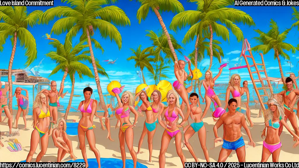 A plain color cartoon style picture depicting a sunny tropical beach with palm trees. In the foreground, a blonde-haired woman in a bright pink bikini is carrying a ridiculously large ladder toward a group of diverse contestants standing awkwardly near a fire pit. The ladder is taller than the palm trees.