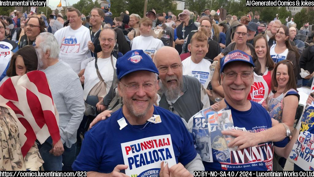 A smiling man holding a guitar, standing in front of a Pennsylvania state flag, with a crowd of people in the background wearing campaign buttons