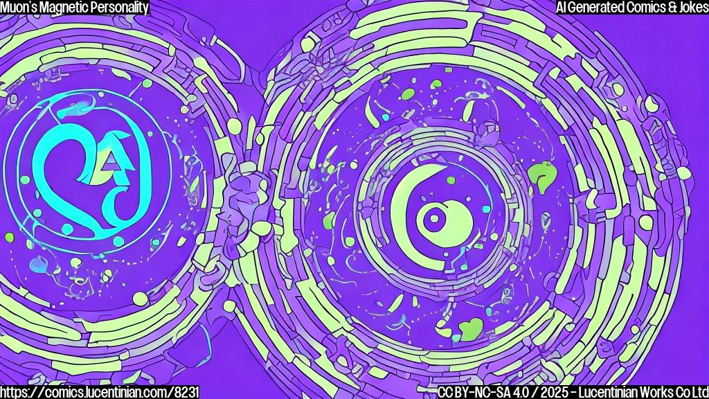 A cute, purple cartoon muon with a large speech bubble that has a magnet inside. The background is a plain blue color.