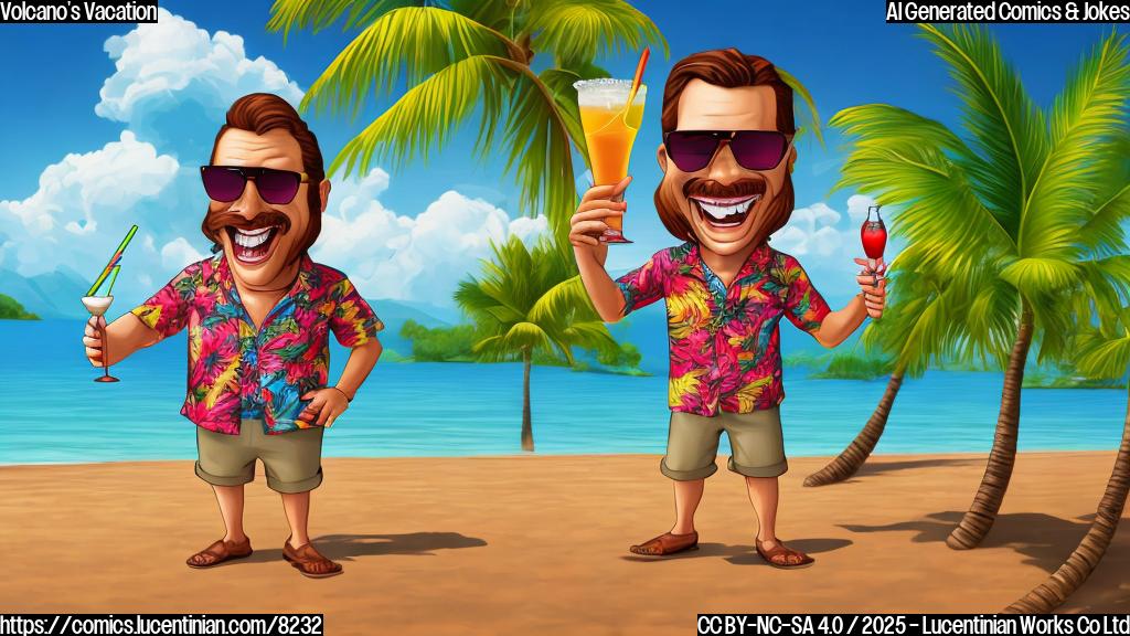 A cartoon style image of a smiling volcano wearing sunglasses and a Hawaiian shirt, standing on a beach with a cocktail in its hand. The background is a sunny tropical landscape. The style is plain color.