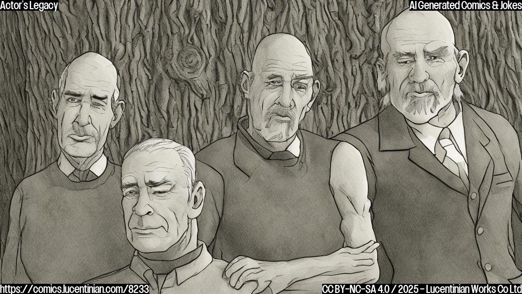 Cartoon drawing, plain background, two figures: one is a muscular older man with graying hair and a determined expression, the other is a younger man with a similar, but softer, face. Both are standing near a very big tree.
