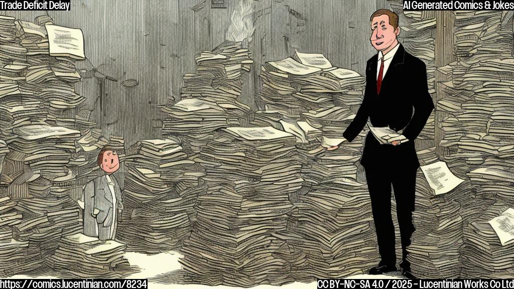 a simple plain color cartoon style picture about a government official with short blond hair wearing a dark suit, standing nervously in front of a pile of farm trade reports, sweat dripping from his forehead.