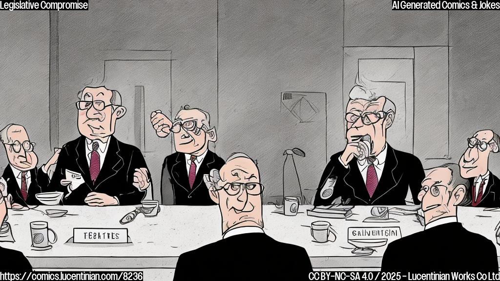 A cartoon illustration showing a generic senator with short brown hair, wearing a navy blue suit, sitting at a large table overflowing with various snacks. Another generic senator with receding hairline and round glasses is looking at him with a disgruntled expression. The scene is in a generic senate hearing room. The style should be plain color cartoon style.