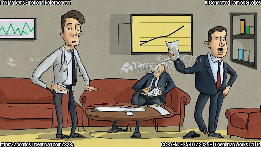 A cartoon of a person with a worried expression, holding a stock chart and standing in front of a therapist's couch. The therapist is also holding the stock chart, looking concerned. In the background, there are subtle animations of stock prices fluctuating and charts moving up and down.