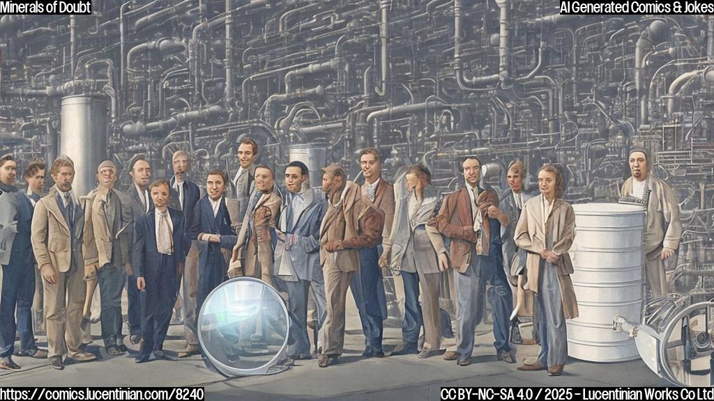 a group of worried-looking people standing in front of a large crate with a magnifying glass hovering above it, surrounded by complex machinery and pipes, with a subtle background image of a geopolitical map