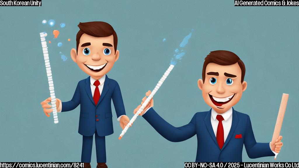 cartoon style, plain light blue background, a smiling character with short dark hair wearing a suit and tie, holding an oversized glue stick with the label "Unity Glue".