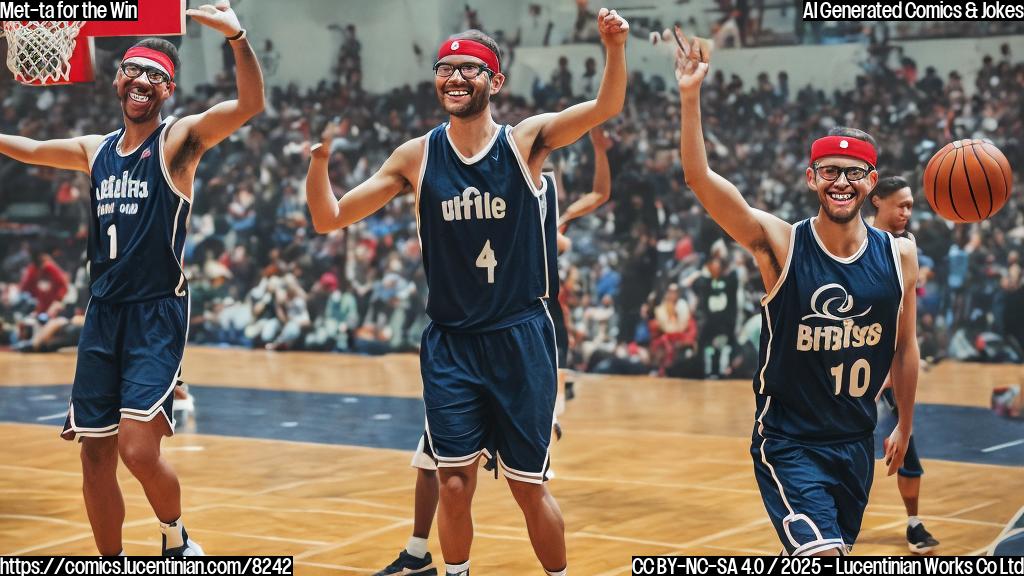 A smiling, bespectacled man with a headband and a basketball jersey sitting in front of a basketball hoop. He is wearing a confident expression and has his hands up in celebration as if he just dunked the ball.