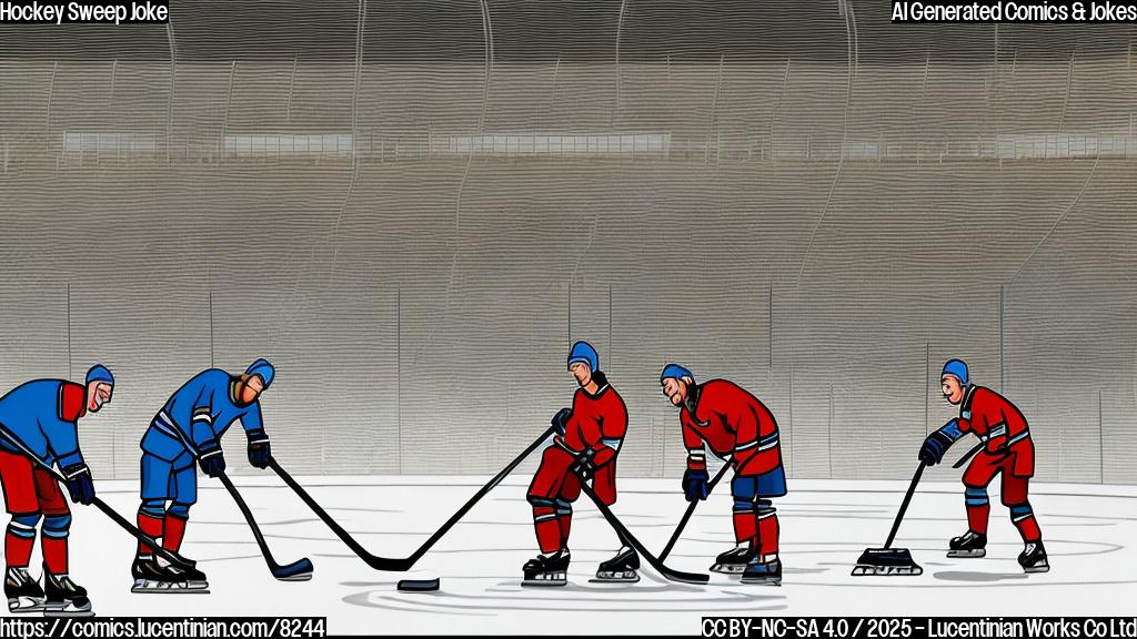 A plain color cartoon style picture of a hockey rink with a cleaning crew sweeping the ice. The ice is very clean and shiny.