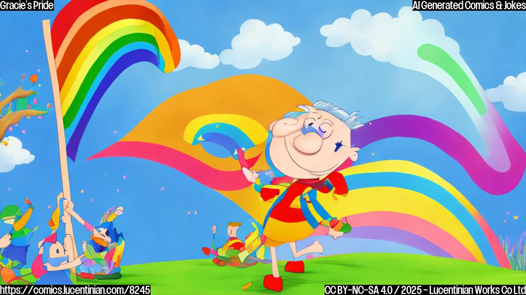 Cartoon image of a rainbow waving a flag with rainbow colors, attending a family reunion picnic in a park.