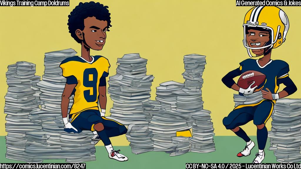 A cartoon-style football player with a helmet, sitting on a bench in a training camp, surrounded by stacks of books. The background is a plain light yellow.