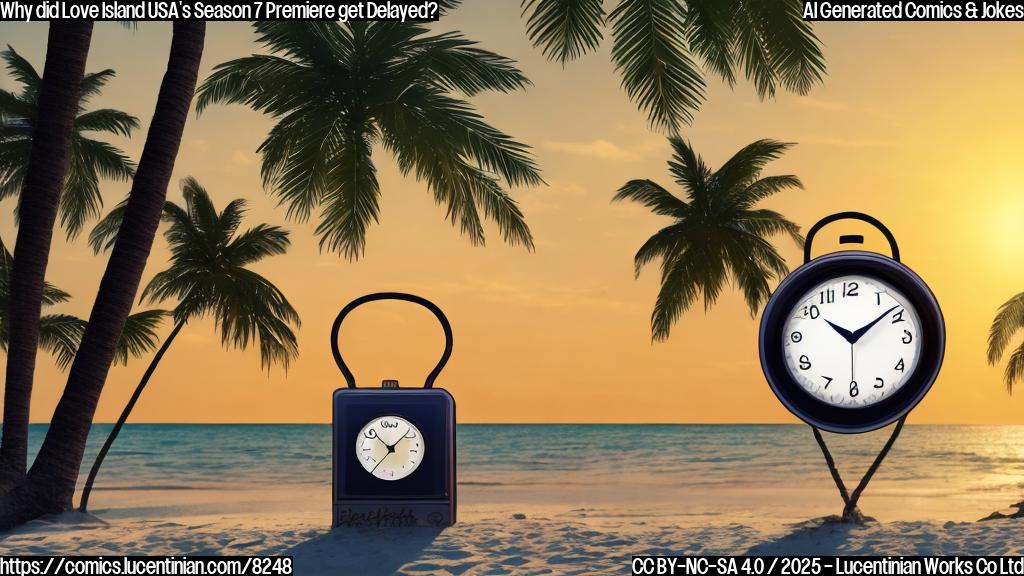 A cartoon style image of a clock with a confused expression, surrounded by palm trees and a sunny beach background. The clock is stuck at 9 p.m., while the sunset in the background is still showing on the horizon.
