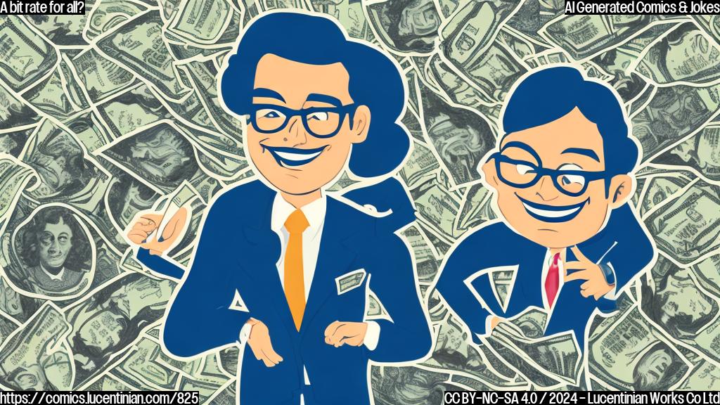 A cartoon of a smiling, bespectacled figure with a briefcase and a thought bubble, surrounded by dollar bills and interest rate charts, in a stylized plain color design.