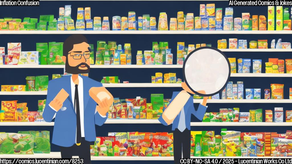 A perplexed economist with a magnifying glass stares at a grocery store shelf overflowing with generic products, all with question marks floating above them. The background is a simple, plain color. Cartoon style.