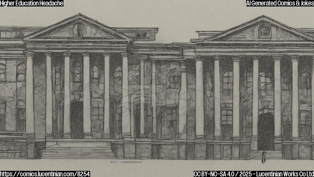 A cartoon drawing of a sad looking university building with a large "F" grade stuck to its facade. The university building has arched windows and a classical design, but appears neglected and downtrodden.