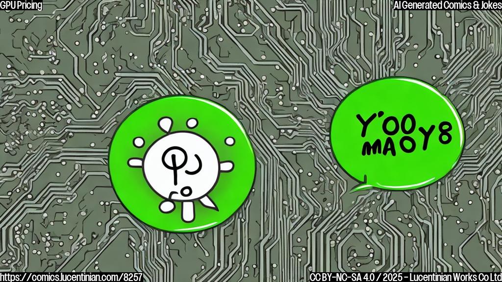 A cartoon drawing of a green circuit board with a big chip on it, with a speech bubble saying "Maybe yes, maybe no", plain background, cartoon style