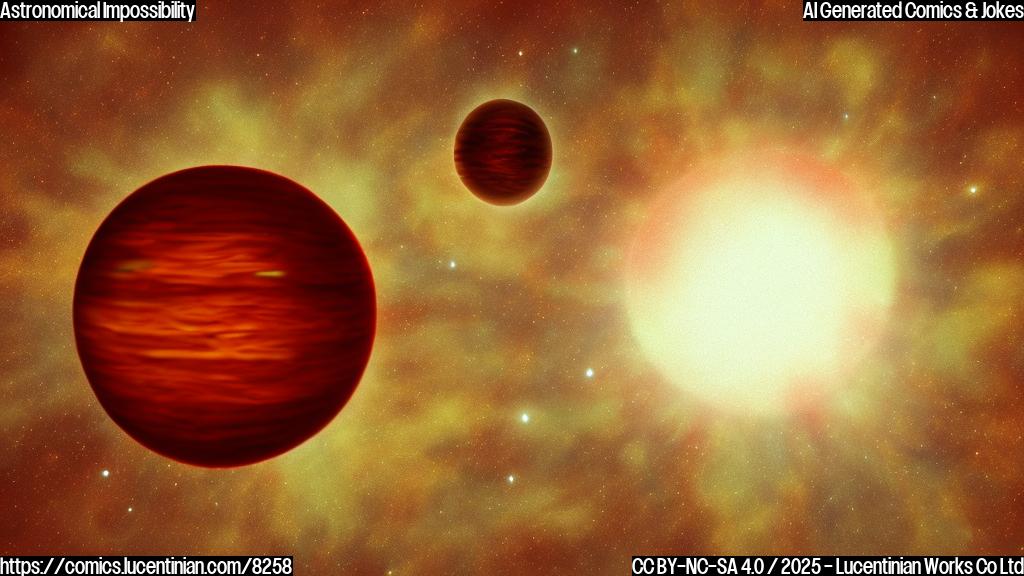 A small red star with a stressed expression, and a giant planet orbiting it. Cartoon style, plain colors.