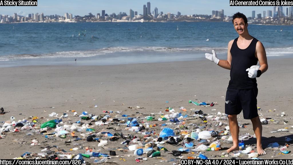 A person wearing a pair of gloves and holding a trash bag stands on a beach, with a few sticky dark blobs scattered around them. The background is a sunny day at a popular Sydney beach. The figure in the foreground has a puzzled expression on their face, with a hint of frustration in their body language.
