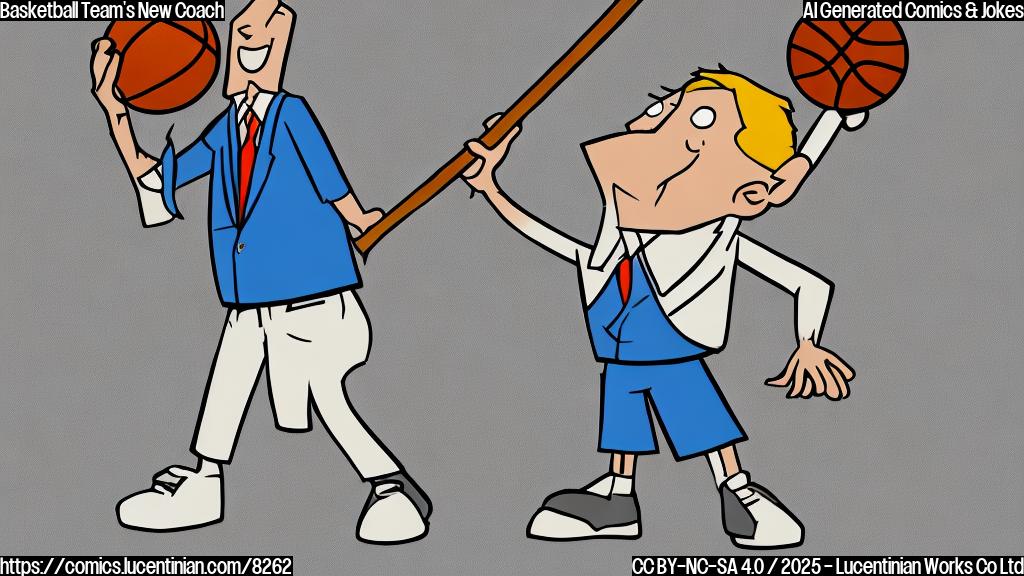 a simple, plain color cartoon style picture. A basketball with a small stick figure wearing a suit and holding a clipboard, standing next to it. The stick figure has a whistle around their neck. Background is a basketball court.