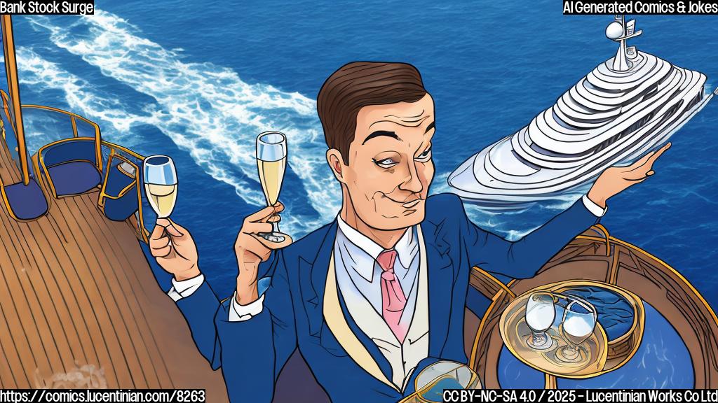 A cartoon style drawing on a plain blue background. A man in a pinstripe suit and tie, holding a champagne glass, stands on the deck of an extravagantly large yacht. The yacht is surrounded by a deep blue ocean.