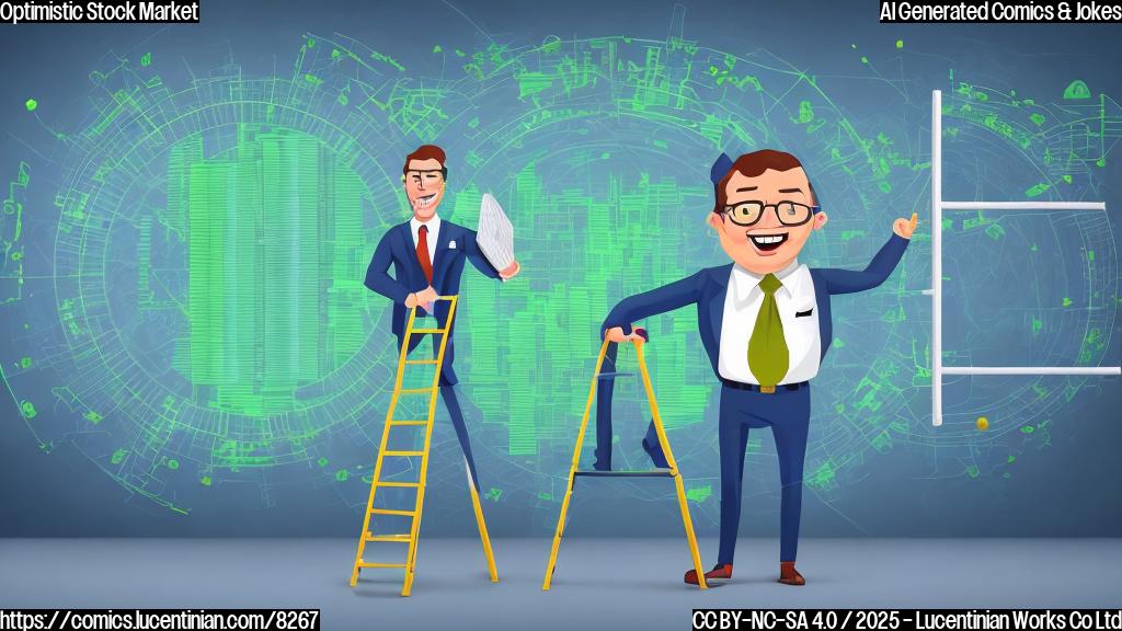 Cartoon style image of a person in a business suit holding a ladder and smiling, with stock market charts rising in the background. The color scheme should be bright and optimistic, using shades of green and blue. The style is simple and clean, resembling a children's book illustration.