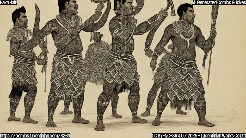 Cartoon style, plain background: Three generic silhouetted figures in traditional Māori clothing performing a haka, one figure with a slightly exaggerated frown. Gavel in the foreground, slightly tilted. Background color is light gray.