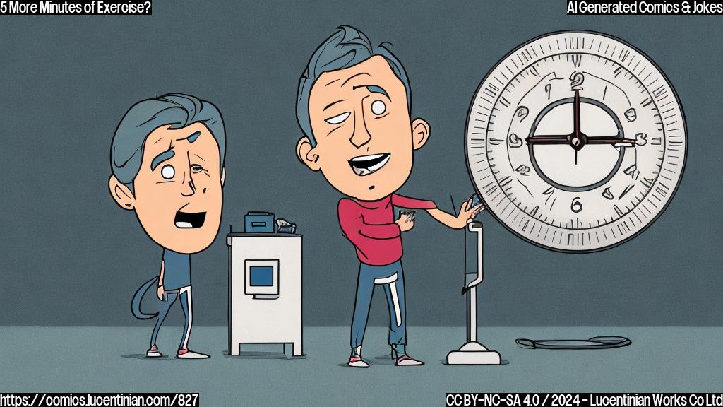 A cartoon-style image of a person with a shocked expression, holding a timer and standing next to a treadmill with a thought bubble above their head showing a smiling face with a clock ticking in the background. The person should be wearing fitness attire and have a determined look on their face.