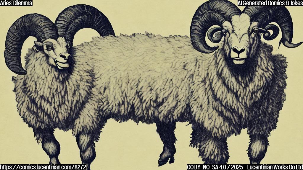 A simple, plain color cartoon of a ram (representing Aries) standing stubbornly with crossed arms, exhaling a puff of air that dissipates without affecting a nearby silhouette figure representing someone with a different opinion. The background should be a solid color, maybe a light blue or yellow.