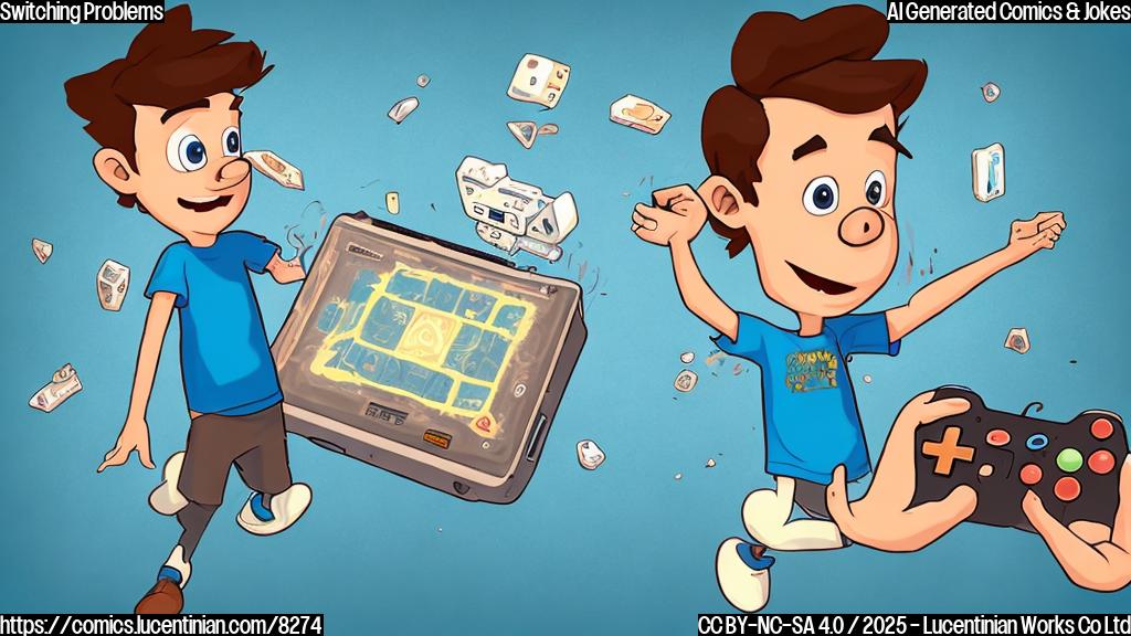 A stressed cartoon gamer with messy brown hair, wearing a blue t-shirt, surrounded by floating broken Nintendo Switch 2 consoles, on a plain light blue background.