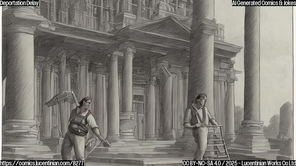 A cartoon drawing of a person with brown skin, wearing a simple blue shirt and carrying a large wooden ladder, standing in front of a building with columns, which represents a court house. The person looks determined. The style is plain, with solid colors and simple lines.