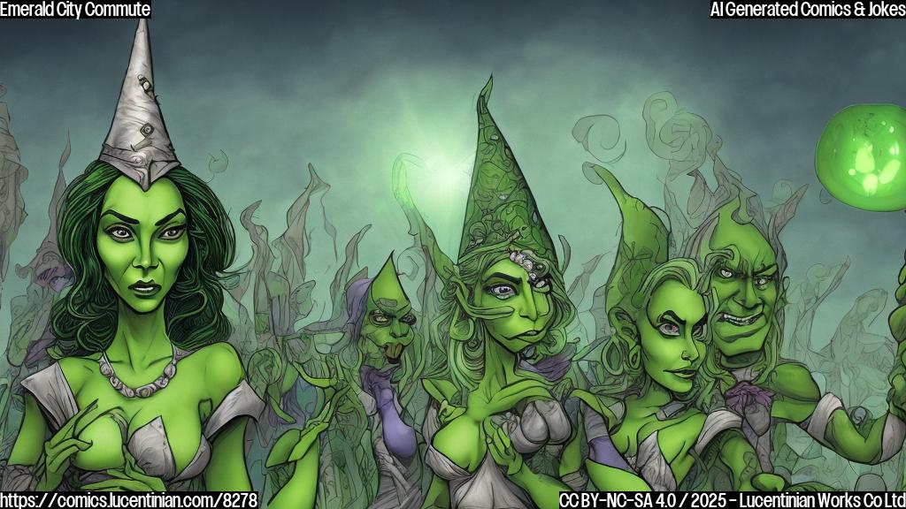 A cartoon style image of a green-skinned witch with a pointed hat, stuck in a traffic jam with other fantasy characters, surrounded by emerald green buildings. The sky is a pale yellow.