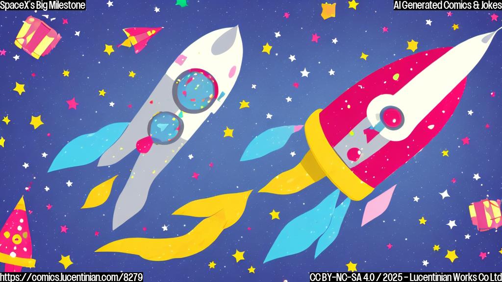 A cartoon rocket ship wearing a party hat, launching into space filled with confetti. The rocket is plain grey and white, cartoon style.