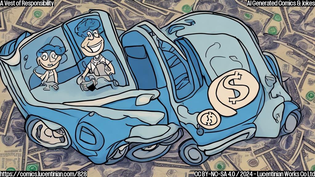 Draw a plain color cartoon style picture of a smiling, slightly deflated car wearing a vest with a dollar sign on it, sitting in front of a therapist who is also smiling and has a notepad and pen.