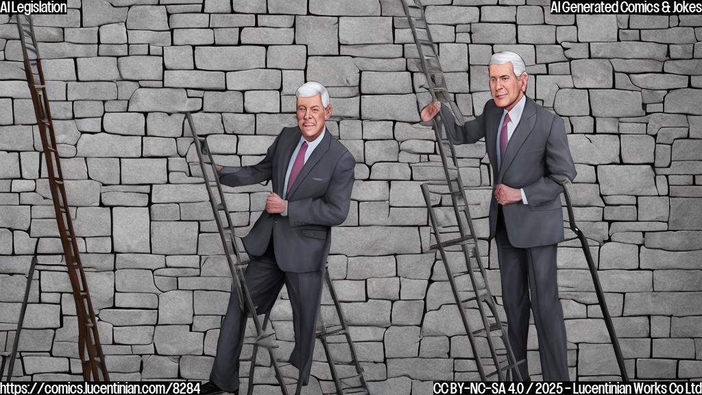 Draw a cartoon senator with grey hair wearing a suit and tie, struggling to lift a tall wooden ladder over a very high stone wall with the words "Byrd Rule" painted on it. The senator has a determined expression. The background is a plain light blue.