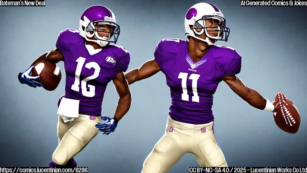 A cartoon-style image of a wide receiver, wearing a generic purple jersey with the number "12" and catching a football. Money bills are raining down around him, and he has a big smile on his face. The background is a simple, plain blue color.