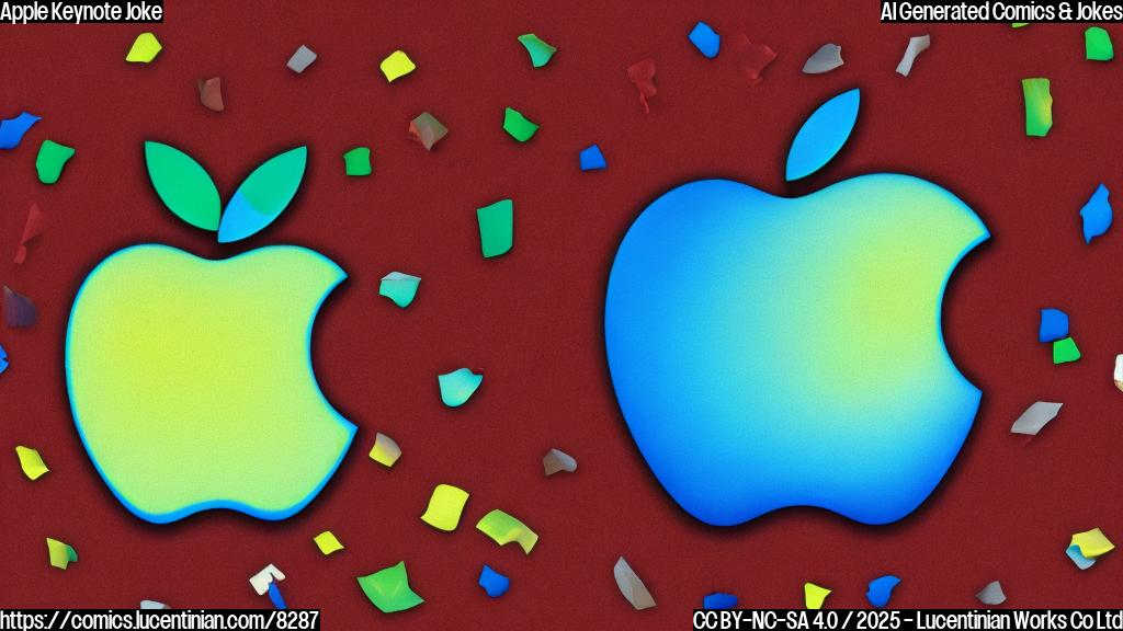 A cartoon apple with a worried expression is rolling away from a stage with a large screen displaying update notifications. The apple has visible "cores" sticking out of its sides. The background is a plain light blue.