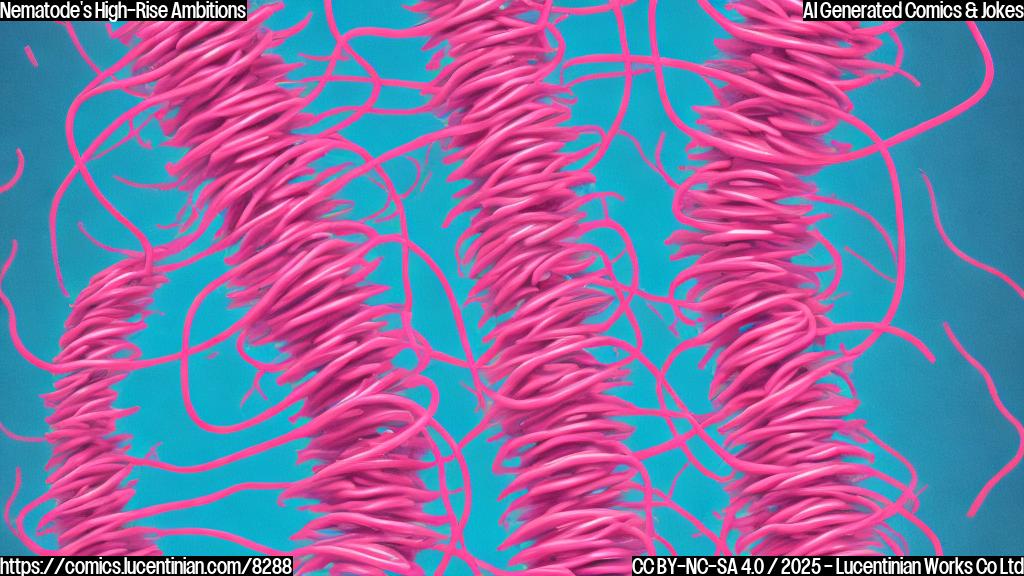 a group of bright pink, cartoon-styled nematodes are stacked vertically on top of each other, forming a wobbly tower against a light blue background. The style is simple and childish, emphasizing the playful and non-realistic nature of the image.