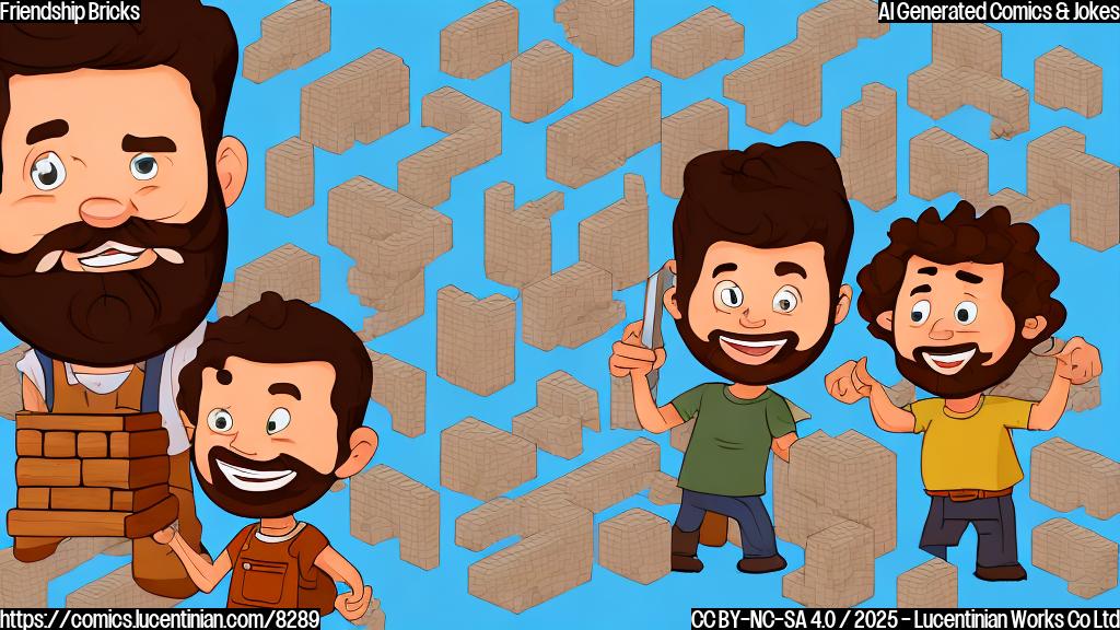 Two cartoon style smiling men, one with curly brown hair and a beard, the other with shorter brown hair, building a house out of large building blocks, each block with a speech bubble containing random words, plain colored background.