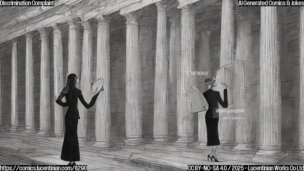 A plain color cartoon style image depicting a woman with long hair, wearing a business suit, carrying a ladder. She is standing in front of a building with columns, suggesting a courthouse. The color palette is muted and the style is simple, focusing on the absurdity of the situation.