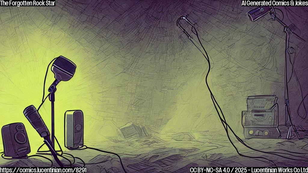 A faded, cartoon-style illustration of a lonely microphone on a stage, bathed in a single spotlight. The stage is empty and dusty.