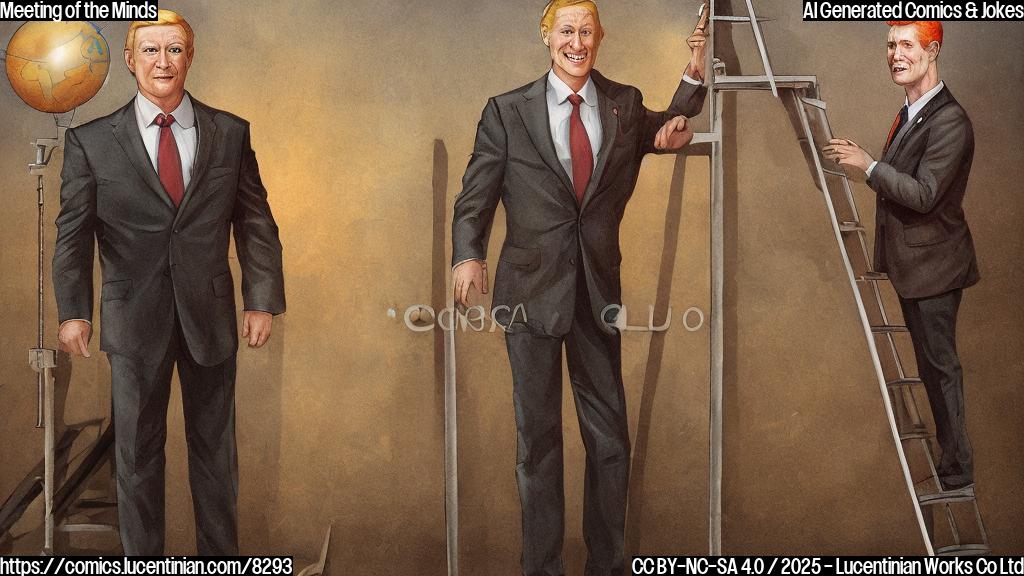 Cartoon image of two generic world leaders, one with orange hair and a red tie, and the other with gray hair and a dark suit, standing on opposite ends of a ladder reaching towards a globe, plain color background.